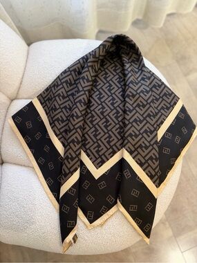 NWOT Fendi Monogrammed Logo Silk Scarf in Black and Taupe, Size 90x90 cm